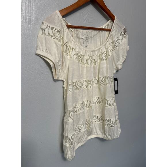 INC Ivory Cream Short Sleeve Sheer Lace Round Neck Elastic Hem Blouse Size Small - Picture 4 of 11